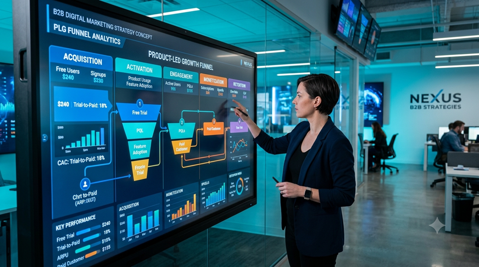 Modern B2B digital marketing strategist analyzing product led growth analytics and SaaS conversion funnels