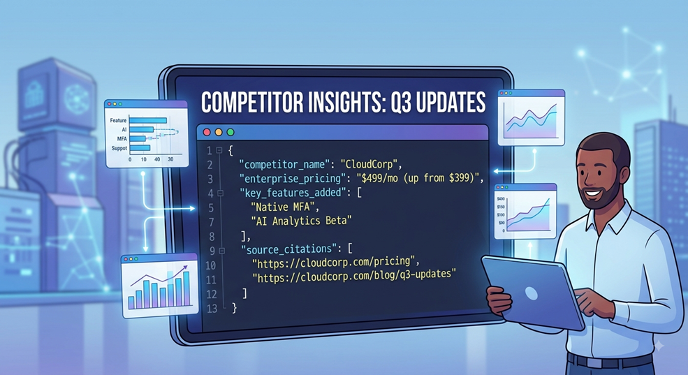 JSON payload output of structured competitor market intelligence
