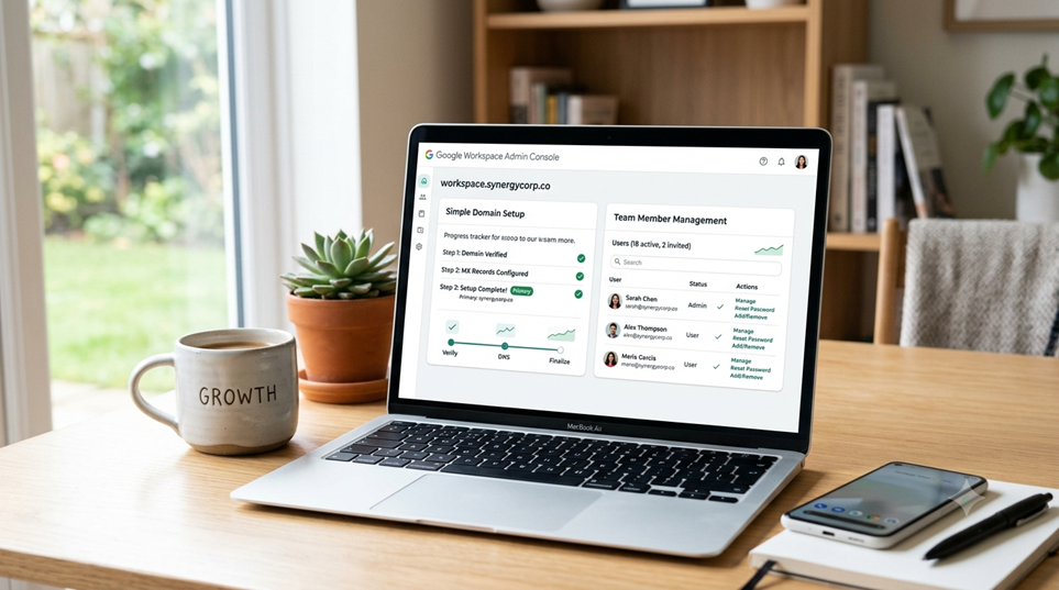 Modern dashboard preview of Google Workspace Admin Console showcasing simple SME domain management