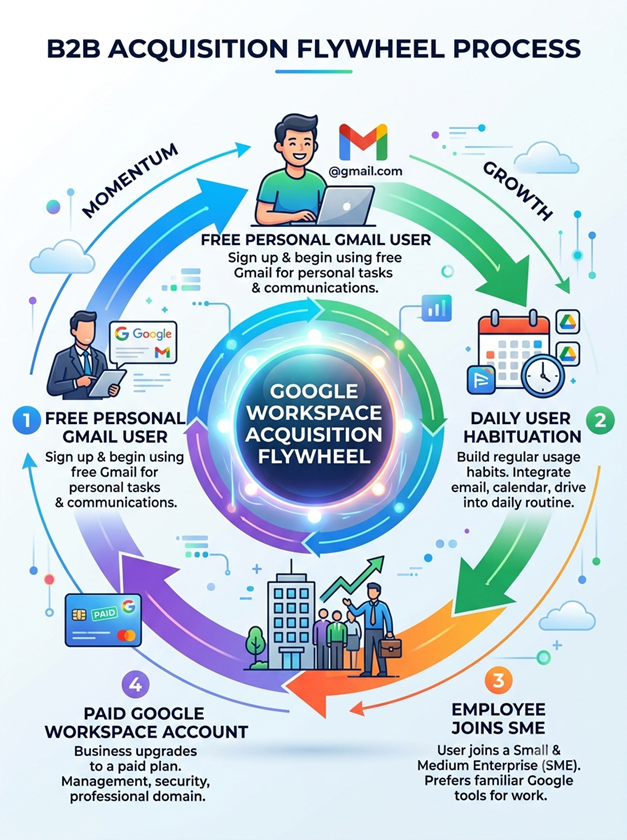 Infographic displaying the 4-step consumer-to-SME acquisition flywheel for Google Workspace