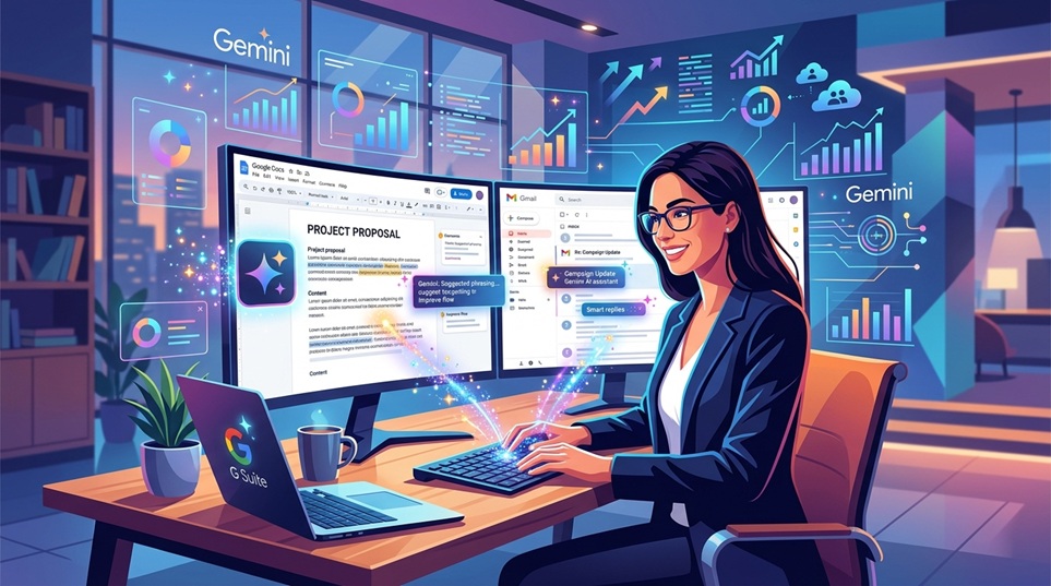 Conceptual illustration showing Gemini AI integration driving productivity inside Google Workspace